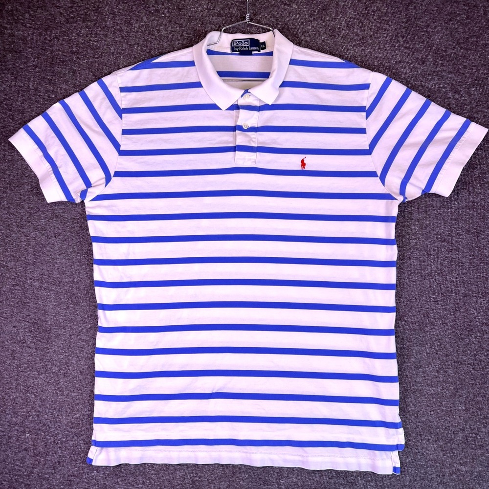 VTG Polo Ralph Lauren Shirt Men XL Striped Short Sleeve Red Pony Logo White Blue - Picture 5 of 16